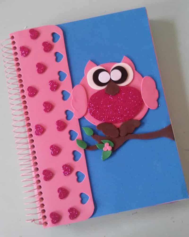 caderno com eva coruja e coração