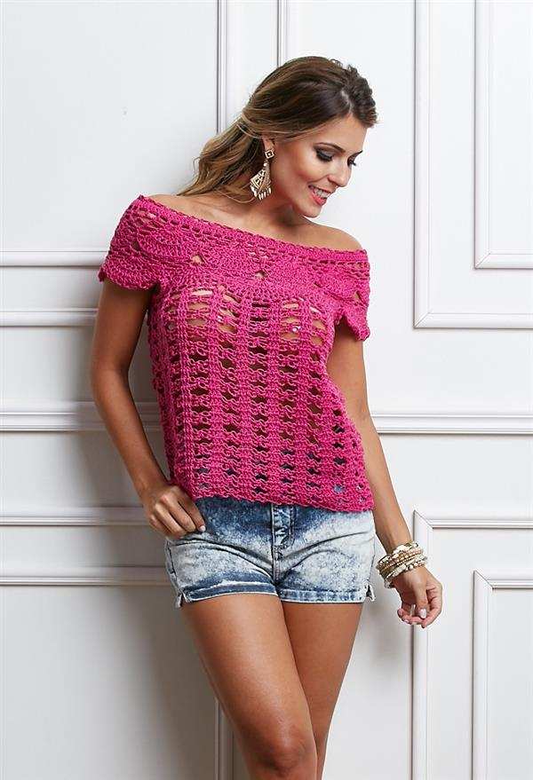 blusa de crochê rosa
