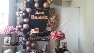 tema quinze ano azul com rose gold