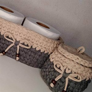 cesto de croche fio de malha com base mdf