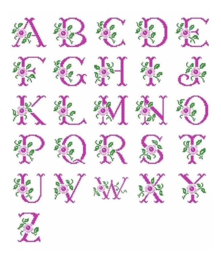 Alfabeto ponto cruz roxo com flores